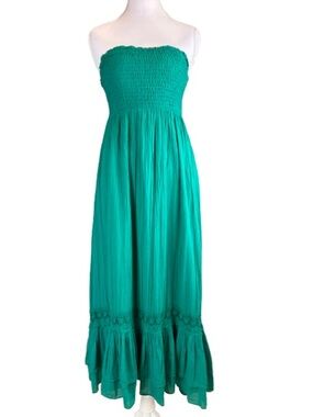 Anthropologie Mauve Green Strapless Maxi Dress Smocked Cotton XS Cottagecore